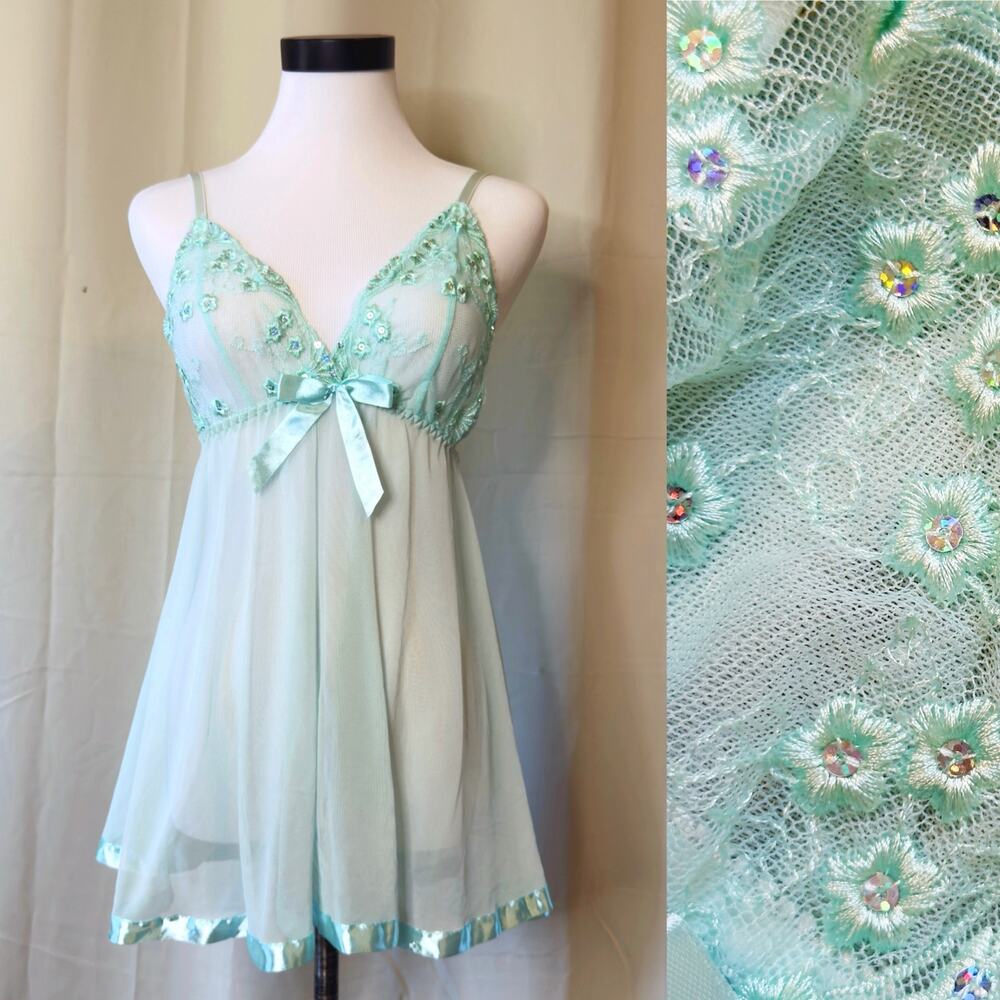 VTG Y2K Baby Doll Light Blue Sequin + Satin Lingerie Tank Top